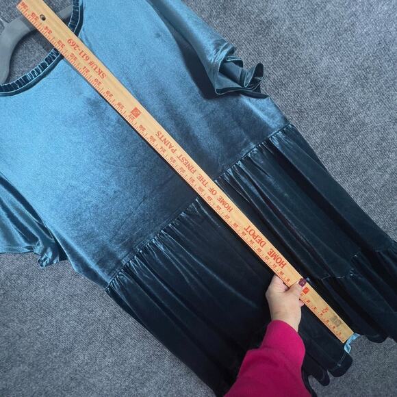 LC Lauren Conrad Velvet Babydoll Dress X-Large Teal Green Tie Ruffle Neck Tiered - Picture 9 of 9